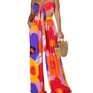 Floral Bora Bora Knot Bandeau and Flowy Pants Two Piece Set SIZE XL